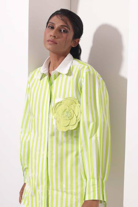 Buy_Pop Sugar_Green Cotton Embroidery Collared Stripped Floral Patch Pocket Shirt _Online_at_Aza_Fashions
