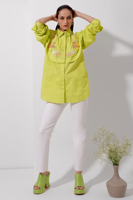 Shop_Pop Sugar_Green Cotton Sequins, Beads Collared And Embellished Shirt _at_Aza_Fashions
