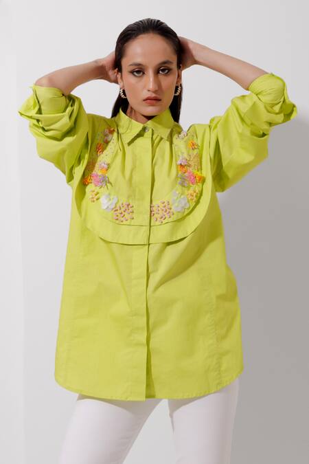 Pop Sugar_Green Cotton Sequins, Beads Collared And Embellished Shirt _Online_at_Aza_Fashions