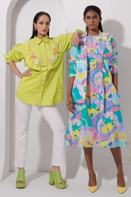 Buy_Pop Sugar_Green Cotton Sequins, Beads Collared And Embellished Shirt _Online_at_Aza_Fashions