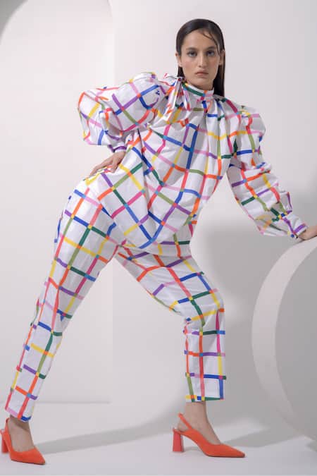 Shop_Pop Sugar_Multi Color Cotton Round Neck Oversized Checked Top With Pant _at_Aza_Fashions