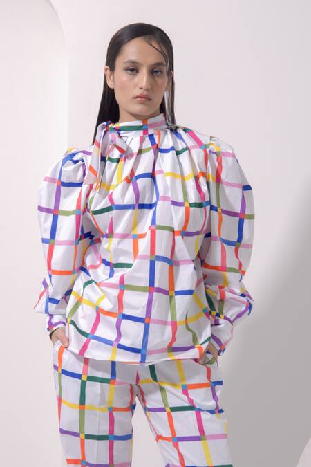 Pop Sugar_Multi Color Cotton Round Neck Oversized Checked Top With Pant _Online_at_Aza_Fashions