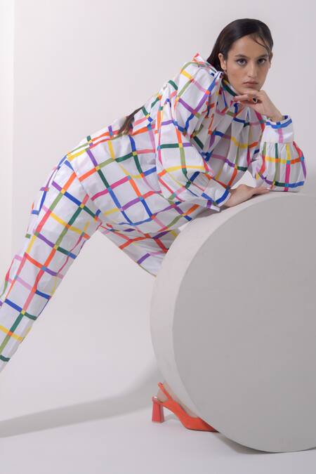 Shop_Pop Sugar_Multi Color Cotton Round Neck Oversized Checked Top With Pant _Online_at_Aza_Fashions