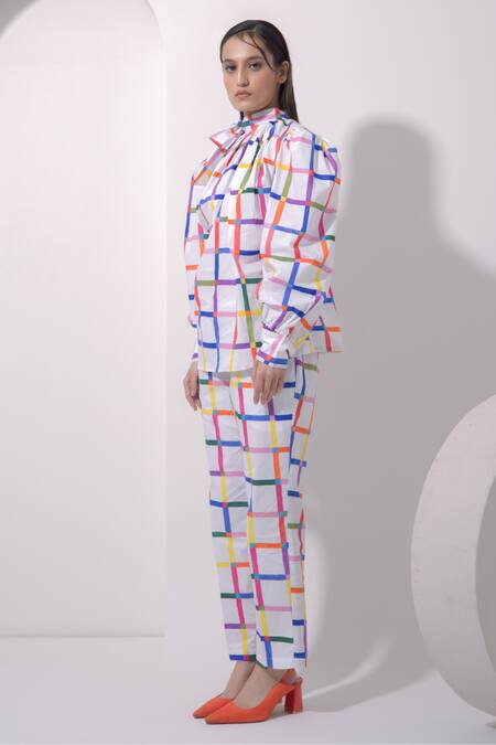 Pop Sugar_Multi Color Cotton Round Neck Oversized Checked Top With Pant _at_Aza_Fashions