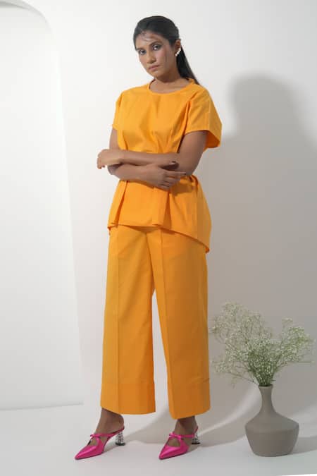 Shop Pop Sugar Orange Cotton Round Neck Sunkissed Pleated Top With Pant at Aza Fashions Shop_Pop Sugar_Orange Cotton Round Neck Sunkissed Pleated Top With Pant_at_Aza_Fashions