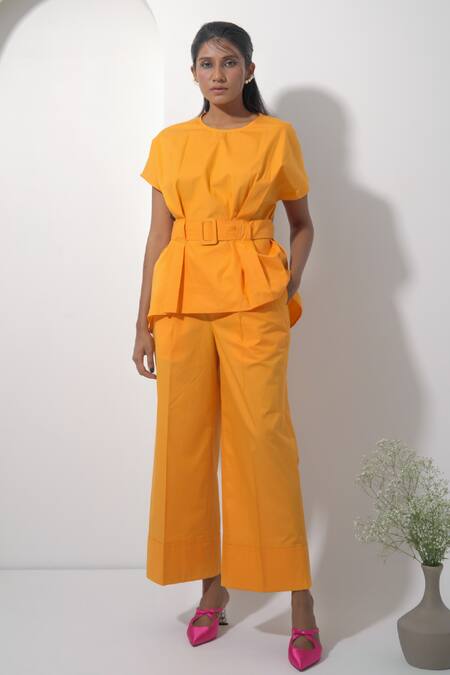 Pop Sugar Orange Cotton Round Neck Sunkissed Pleated Top With Pant Online at Aza Fashions Pop Sugar_Orange Cotton Round Neck Sunkissed Pleated Top With Pant_Online_at_Aza_Fashions