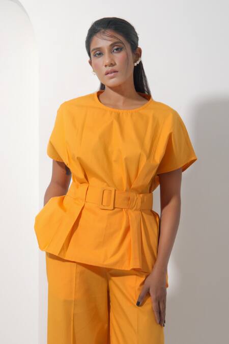 Shop Pop Sugar Orange Cotton Round Neck Sunkissed Pleated Top With Pant Online at Aza Fashions Shop_Pop Sugar_Orange Cotton Round Neck Sunkissed Pleated Top With Pant_Online_at_Aza_Fashions