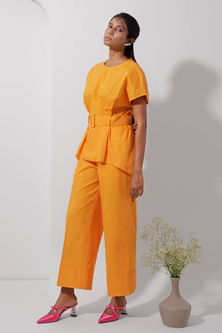 Pop Sugar Orange Cotton Round Neck Sunkissed Pleated Top With Pant at Aza Fashions Pop Sugar_Orange Cotton Round Neck Sunkissed Pleated Top With Pant_at_Aza_Fashions