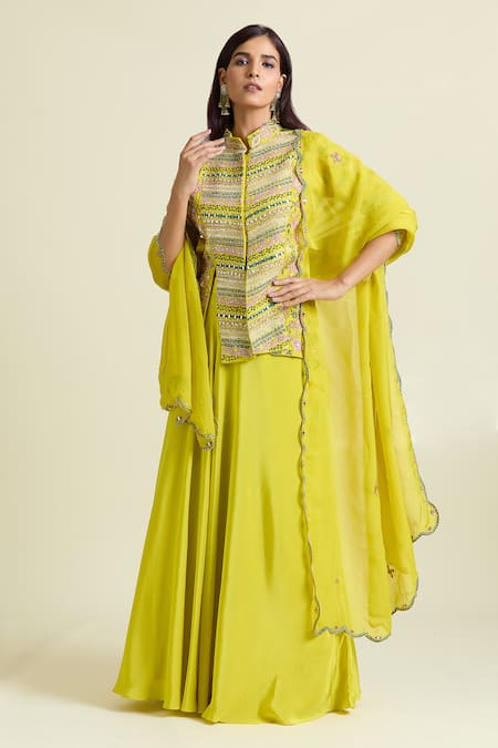 Buy Samyukta Singhania Yellow Organza, Taffeta, Denim, Crepe Solid Lehenga Set With Floral Slit Kurta Online at Aza Fashions Buy_Samyukta Singhania_Yellow Organza, Taffeta, Denim, Crepe Solid Lehenga Set With Floral Slit Kurta _Online_at_Aza_Fashions