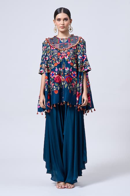 MINAXI DADOO Blue Dupion Embroidered Floral Round Cape And Pant Set 