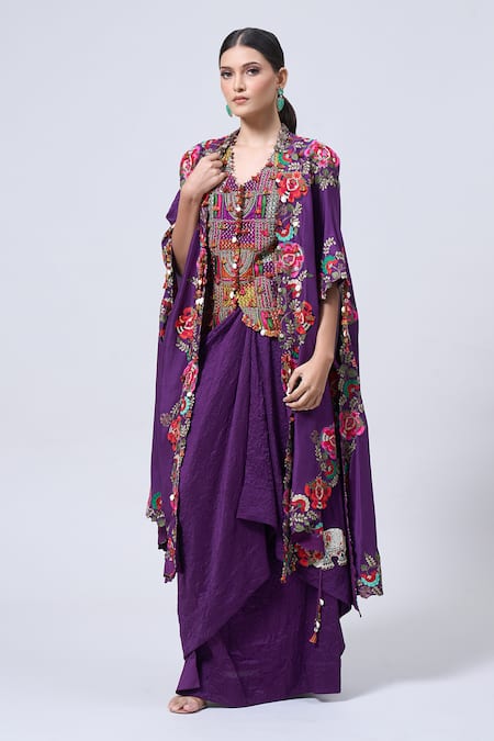 MINAXI DADOO Kashmiri Embroidered Butterfly Cape With Skirt 