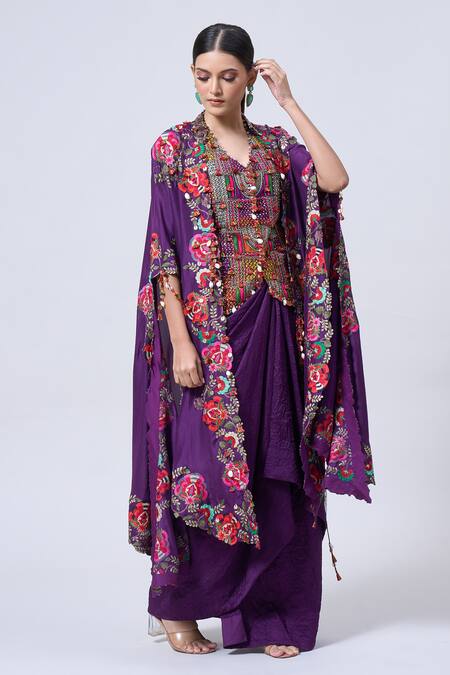 Minaxi Dadoo_Purple Silk Patchwork, Tassels Kashmiri Embroidered Butterfly Cape With Skirt _Online_at_Aza_Fashions