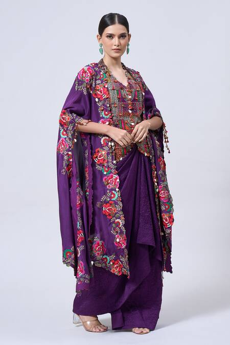 Buy_Minaxi Dadoo_Purple Silk Patchwork, Tassels Kashmiri Embroidered Butterfly Cape With Skirt _Online_at_Aza_Fashions