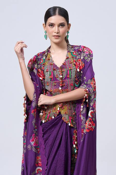 Shop_Minaxi Dadoo_Purple Silk Patchwork, Tassels Kashmiri Embroidered Butterfly Cape With Skirt _Online_at_Aza_Fashions