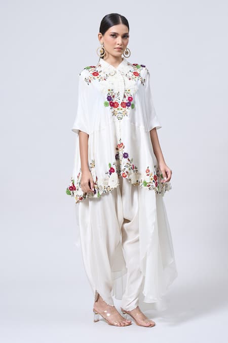 MINAXI DADOO Floral Embroidered Cape & Harem Pant Set 