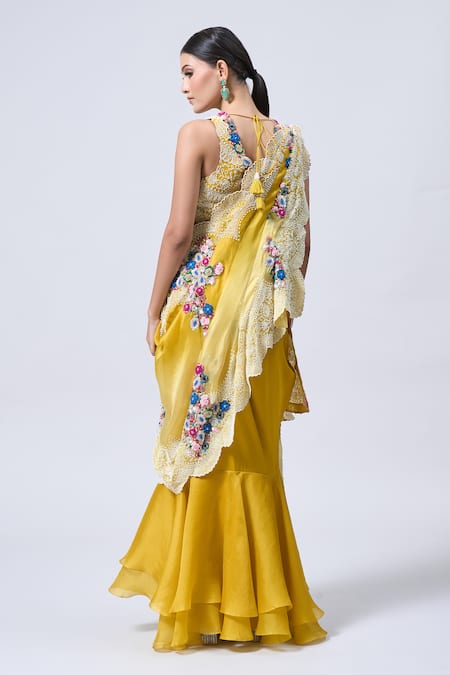 Minaxi Dadoo Pearl Embroidered Blouse Draped Skirt Set 