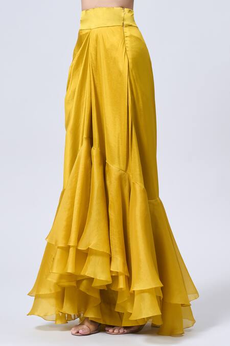 Minaxi Dadoo_Yellow Organza, Silk Beads, Pearls, Fabric Flowers, Blouse Draped Skirt Set _Online_at_Aza_Fashions
