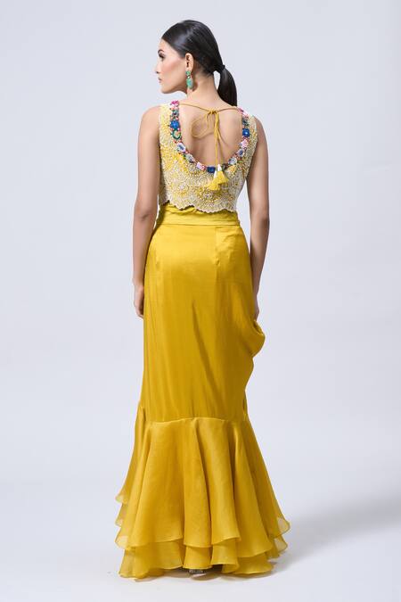 Buy_Minaxi Dadoo_Yellow Organza, Silk Beads, Pearls, Fabric Flowers, Blouse Draped Skirt Set _Online_at_Aza_Fashions