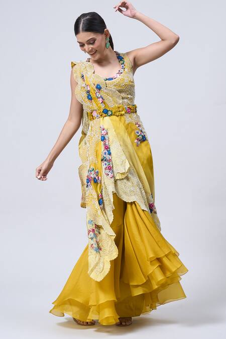 Shop_Minaxi Dadoo_Yellow Organza, Silk Beads, Pearls, Fabric Flowers, Blouse Draped Skirt Set _Online_at_Aza_Fashions