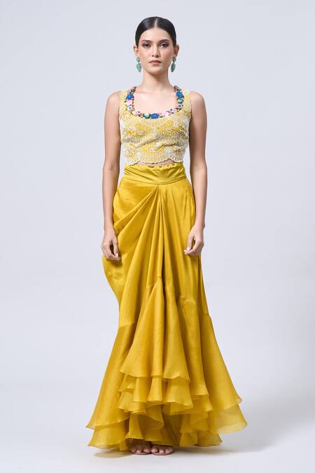 Shop_Minaxi Dadoo_Yellow Organza, Silk Beads, Pearls, Fabric Flowers, Blouse Draped Skirt Set 