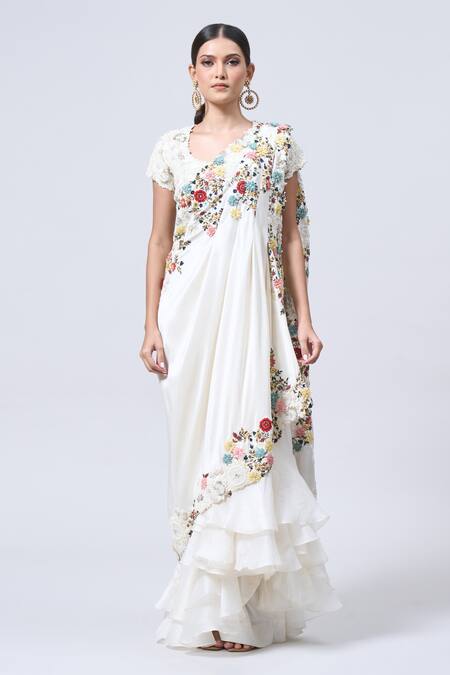 Minaxi Dadoo_Ivory Organza, Silk Embroidery Scoop Layered Ruffle Pre-draped Saree With Blouse _Online_at_Aza_Fashions