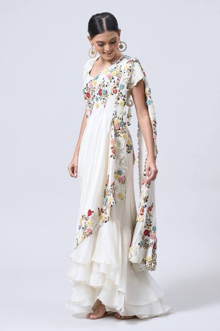 Buy_Minaxi Dadoo_Ivory Organza, Silk Embroidery Scoop Layered Ruffle Pre-draped Saree With Blouse _Online_at_Aza_Fashions