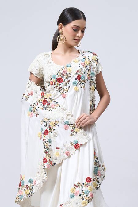 Shop_Minaxi Dadoo_Ivory Organza, Silk Embroidery Scoop Layered Ruffle Pre-draped Saree With Blouse _Online_at_Aza_Fashions