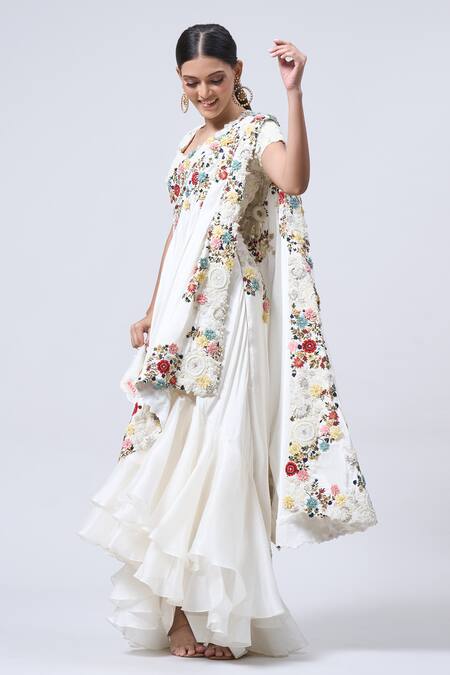 Minaxi Dadoo_Ivory Organza, Silk Embroidery Scoop Layered Ruffle Pre-draped Saree With Blouse _at_Aza_Fashions