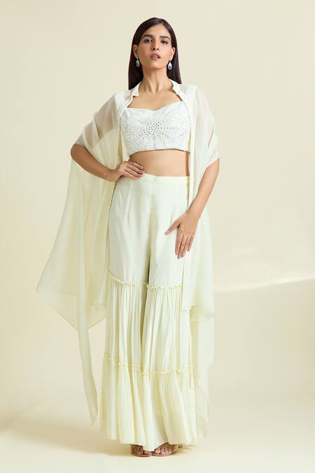 Shop Samyukta Singhania Off White Organza, Net, Crepe, Taffeta Embellished Border Cape Sharara Set Shop_Samyukta Singhania_Off White Organza, Net, Crepe, Taffeta Embellished Border Cape Sharara Set