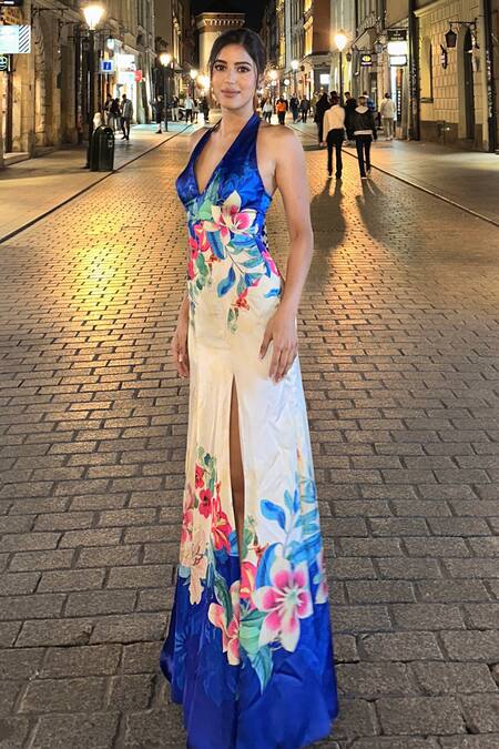 Buy_Mandira Wirk Resort_Blue Satin Halter Neck Maxi Dress _Online_at_Aza_Fashions