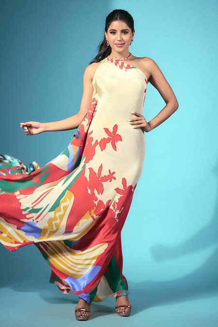 Mandira Wirk One-Shoulder Floral Print Maxi Dress 