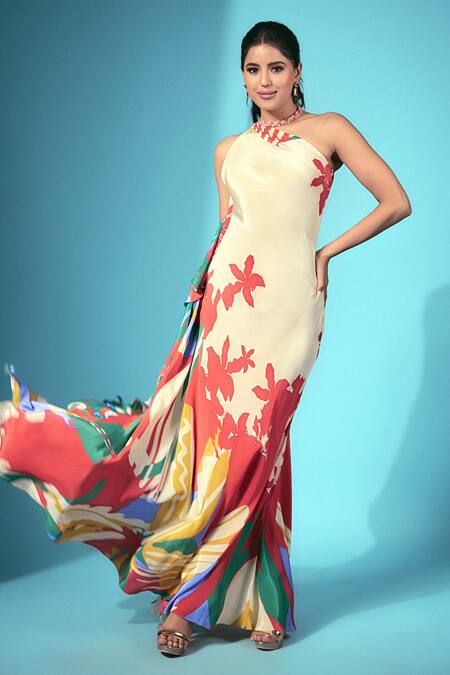 Shop_Mandira Wirk Resort_Multi Color Viscose, Crepe One Shoulder Floral Print Maxi Dress _at_Aza_Fashions