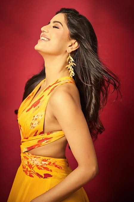 Buy_Mandira Wirk Resort_Yellow Chiffon Halter Neck Orchid Print Cutout Maxi Dress _Online_at_Aza_Fashions