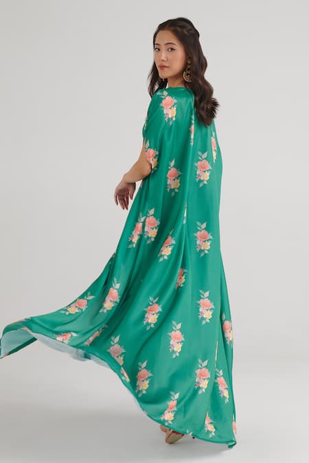 Shop_Pasha India_Green Satin, Silk Embroidery Sweetheart Neck Jade Draped Skirt Set With Cape _at_Aza_Fashions