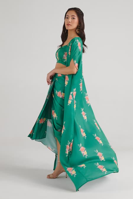 Shop_Pasha India_Green Satin, Silk Embroidery Sweetheart Neck Jade Draped Skirt Set With Cape _Online_at_Aza_Fashions