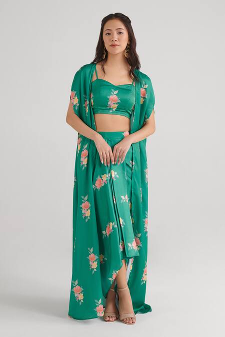 Pasha India_Green Satin, Silk Embroidery Sweetheart Neck Jade Draped Skirt Set With Cape _at_Aza_Fashions