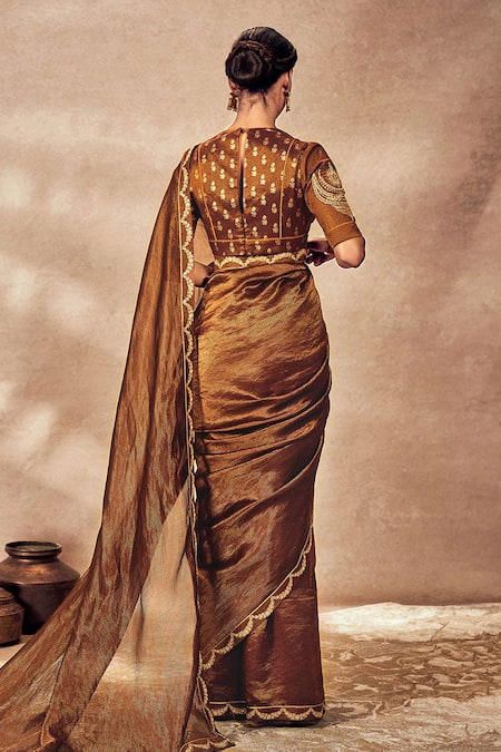 Shop_Masaba_Brown Tissue Gota Patti, Woven Stripe Saree With Unstitched Blouse Piece _at_Aza_Fashions