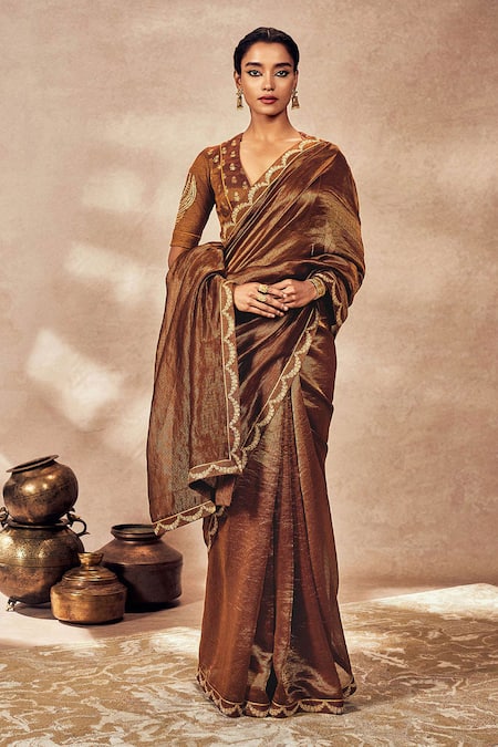 Masaba_Brown Tissue Gota Patti, Woven Stripe Saree With Unstitched Blouse Piece _Online_at_Aza_Fashions