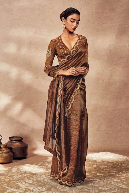 Buy_Masaba_Brown Tissue Gota Patti, Woven Stripe Saree With Unstitched Blouse Piece _Online_at_Aza_Fashions