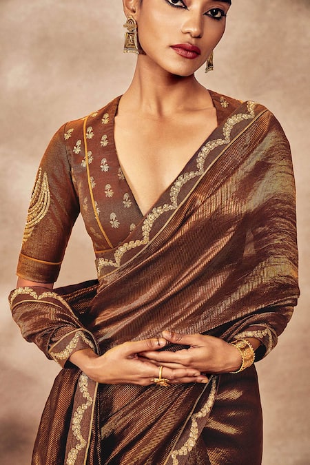 Shop_Masaba_Brown Tissue Gota Patti, Woven Stripe Saree With Unstitched Blouse Piece _Online_at_Aza_Fashions