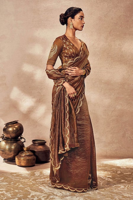 Masaba_Brown Tissue Gota Patti, Woven Stripe Saree With Unstitched Blouse Piece _at_Aza_Fashions