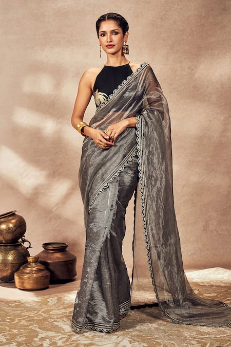Masaba Grey Tissue, Silk Gota Patti Stripe Woven Saree With Unstitched Blouse Piece Online at Aza Fashions Masaba_Grey Tissue, Silk Gota Patti Stripe Woven Saree With Unstitched Blouse Piece _Online_at_Aza_Fashions