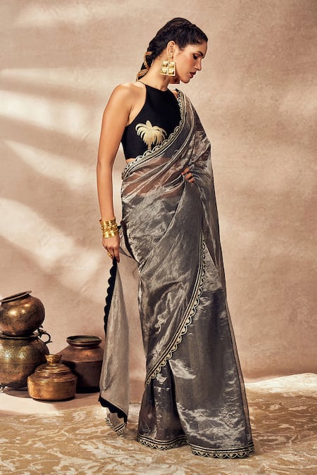 Masaba Grey Tissue, Silk Gota Patti Stripe Woven Saree With Unstitched Blouse Piece at Aza Fashions Masaba_Grey Tissue, Silk Gota Patti Stripe Woven Saree With Unstitched Blouse Piece _at_Aza_Fashions