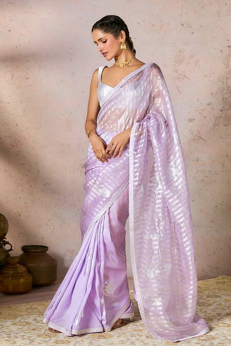 Masaba_Purple Tissue Gota Patti, Foil Printing Saree With Unstitched Blouse Piece_Online_at_Aza_Fashions