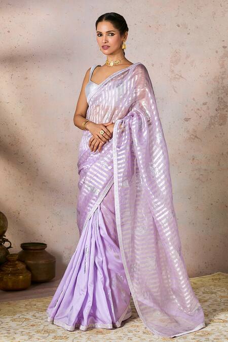 Buy_Masaba_Purple Tissue Gota Patti, Foil Printing Saree With Unstitched Blouse Piece_Online_at_Aza_Fashions