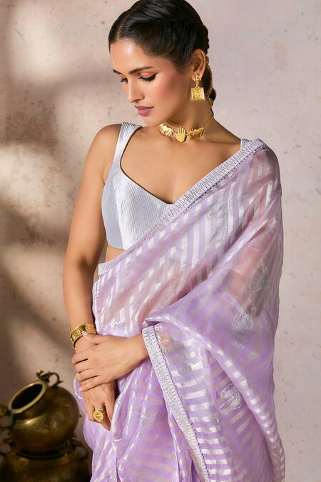 Shop_Masaba_Purple Tissue Gota Patti, Foil Printing Saree With Unstitched Blouse Piece_Online_at_Aza_Fashions