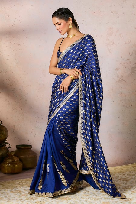 Masaba_Blue Silk Pixie Dust Whispering Lily Crushed Saree With Unstitched Blouse Piece _Online_at_Aza_Fashions