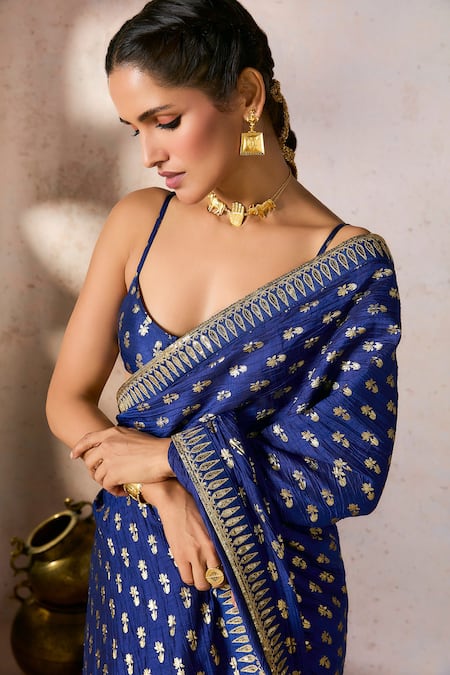 Shop_Masaba_Blue Silk Pixie Dust Whispering Lily Crushed Saree With Unstitched Blouse Piece _Online_at_Aza_Fashions