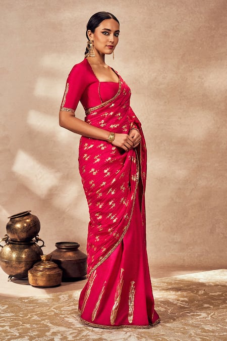Masaba_Pink Silk Mystic Whispering Lily Crushed Saree With Unstitched Blouse Piece _Online_at_Aza_Fashions