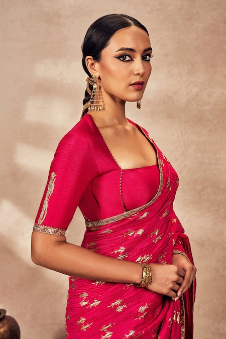 Buy_Masaba_Pink Silk Mystic Whispering Lily Crushed Saree With Unstitched Blouse Piece _Online_at_Aza_Fashions